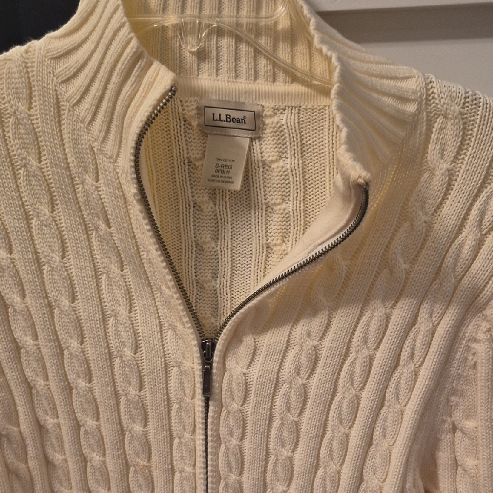 L.L. Bean Ivory Cable Knit Zip Sweater